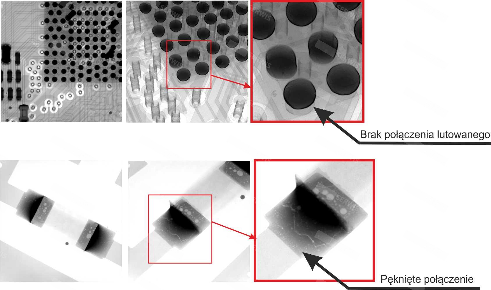 Rentgenowska inspekcja płytek PCB z zaznaczonymi wadami połączeń lutowanych