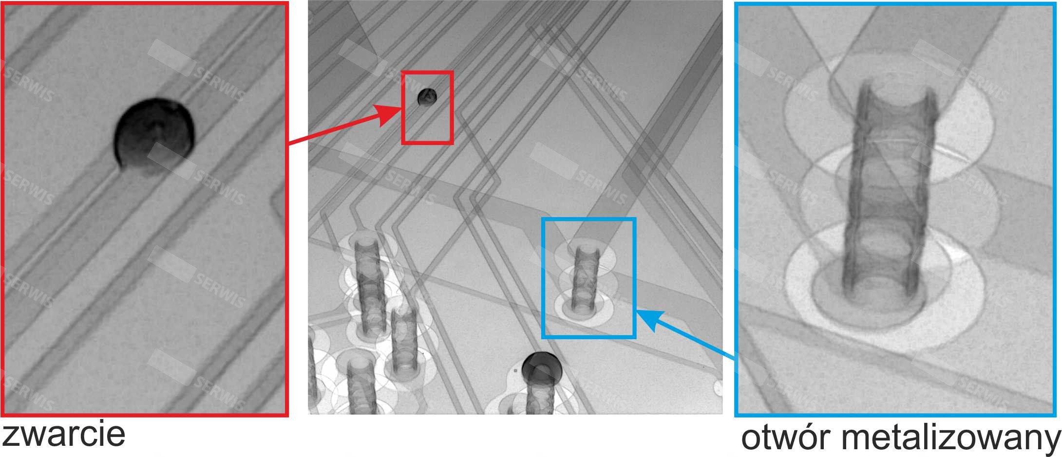 Zdjęcie rentgenowskie ukazujące zwarcie i otwór metalizowany na płytce PCB.